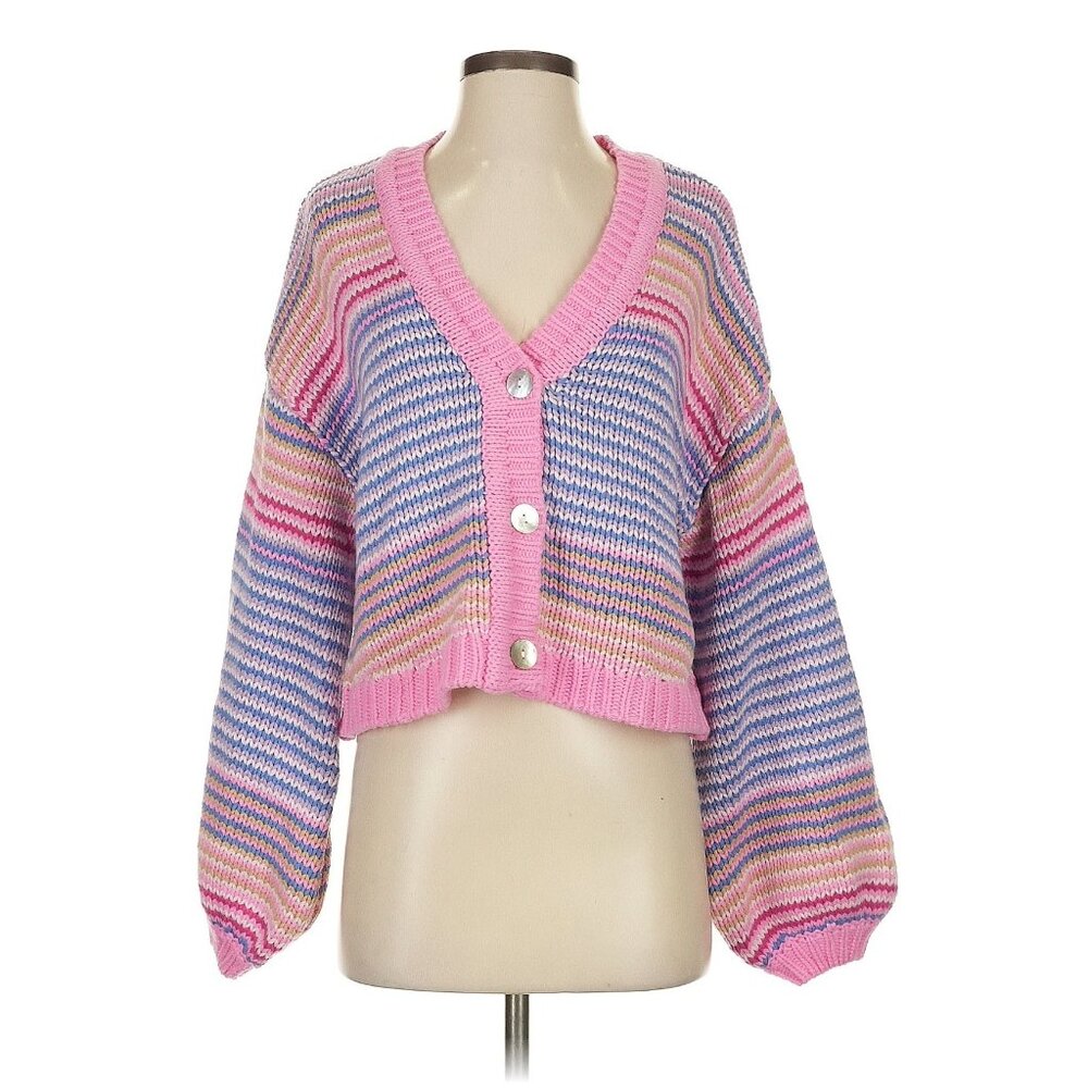 Show Me Your Mumu Pink Multi Stripe Cropped Relaxed Fit Button Up Cardigan 90s - Picture 3 of 16